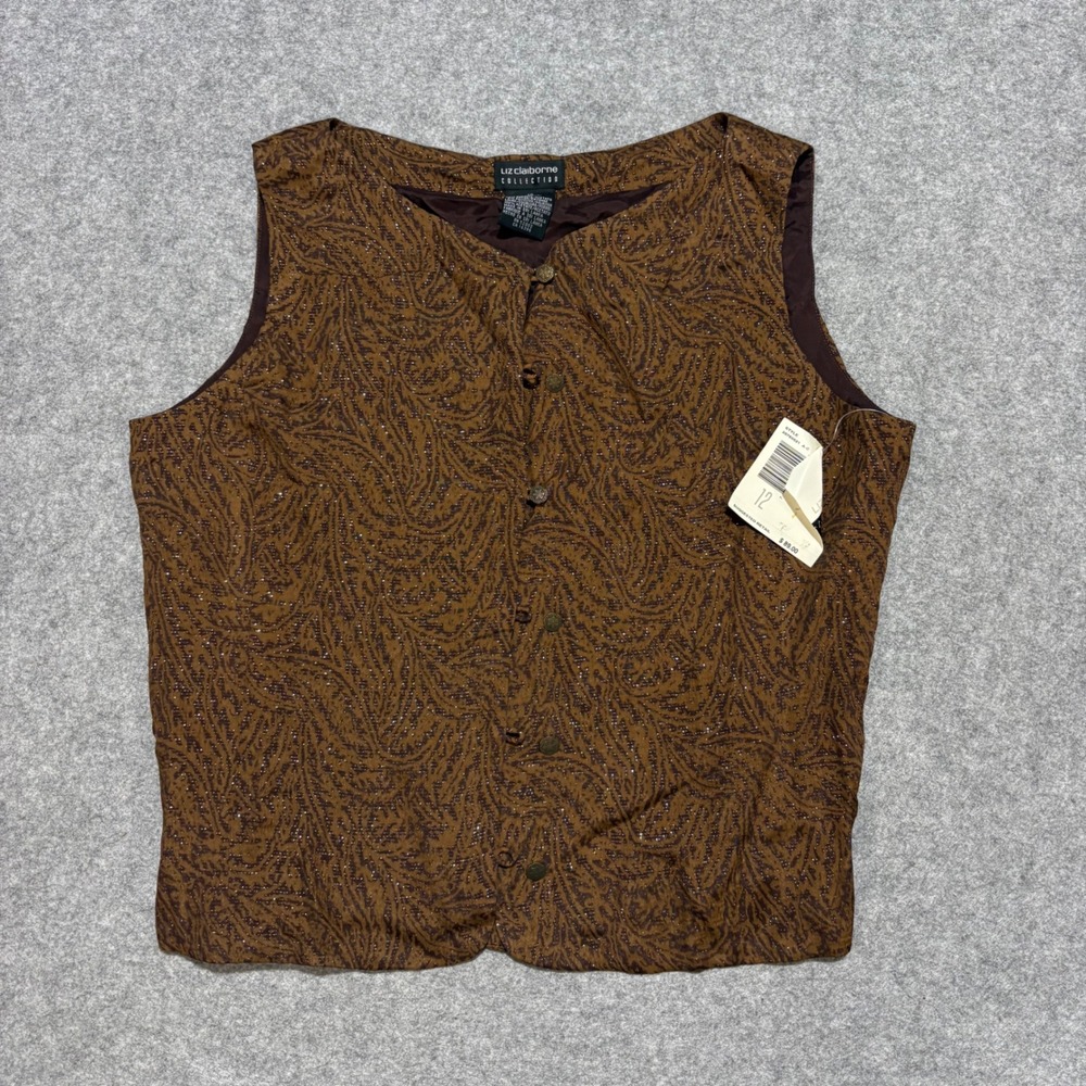 Liz Claiborne Vintage Brown Metallic Paisley Button Front Vest Size 12